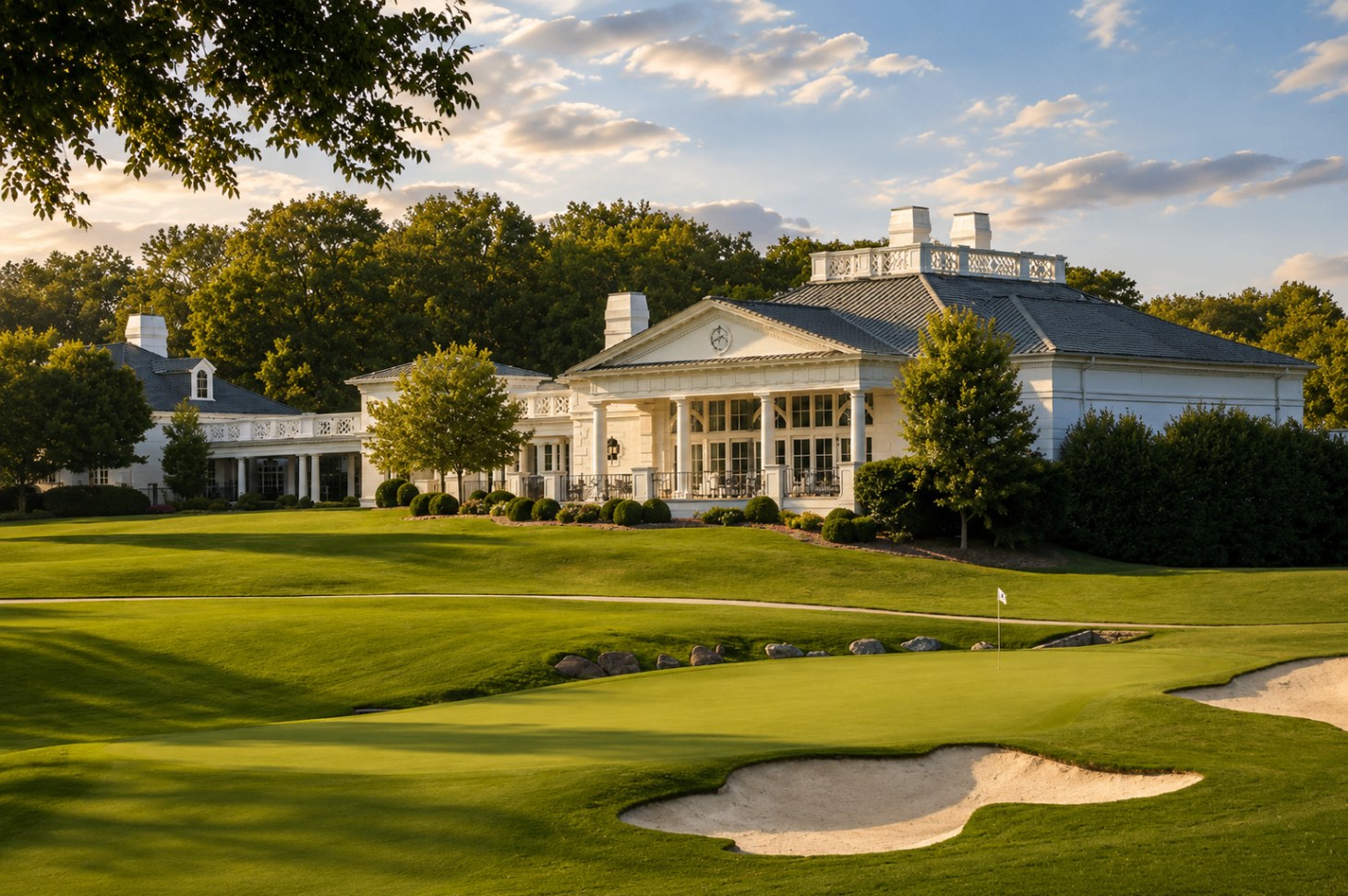The Quail Hollow Club clubhouse and putting green at golden hour