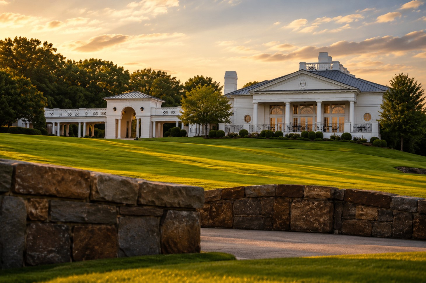 Quail Hollow clubhouse viewed across the lawn at sunset