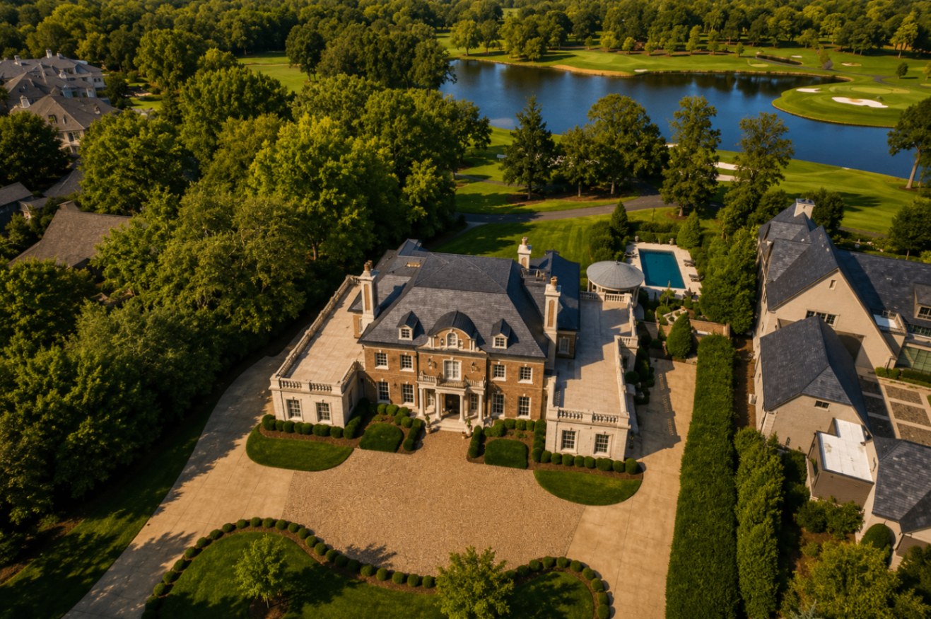 Aerial view of a Quail Hollow estate, pool, and adjoining golf course