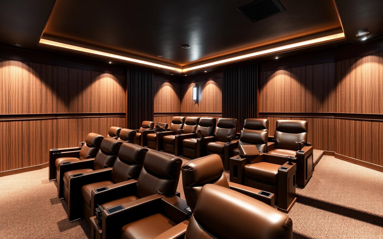 A luxury home theater with tiered leather seating and acoustic wood paneling
