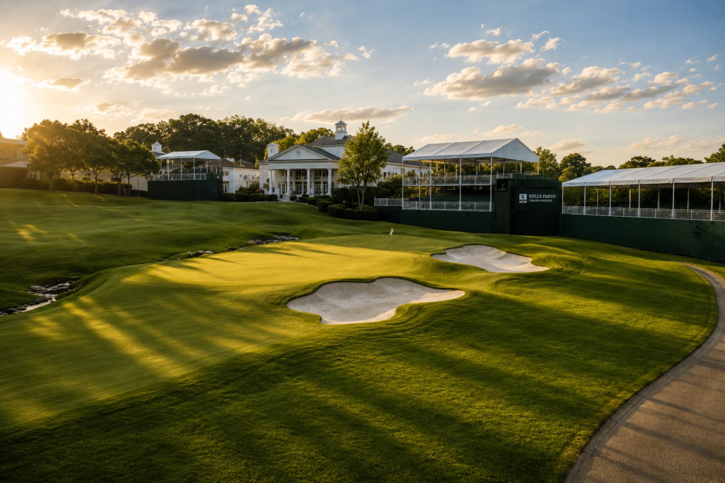 Tournament grandstands and clubhouse behind the 18th green during championship week